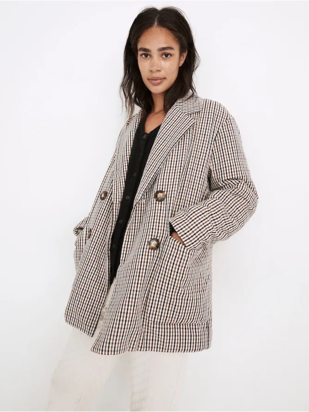 Madewell Women's Double-Breasted Padded Jacket in a cream multi-plaid colorway